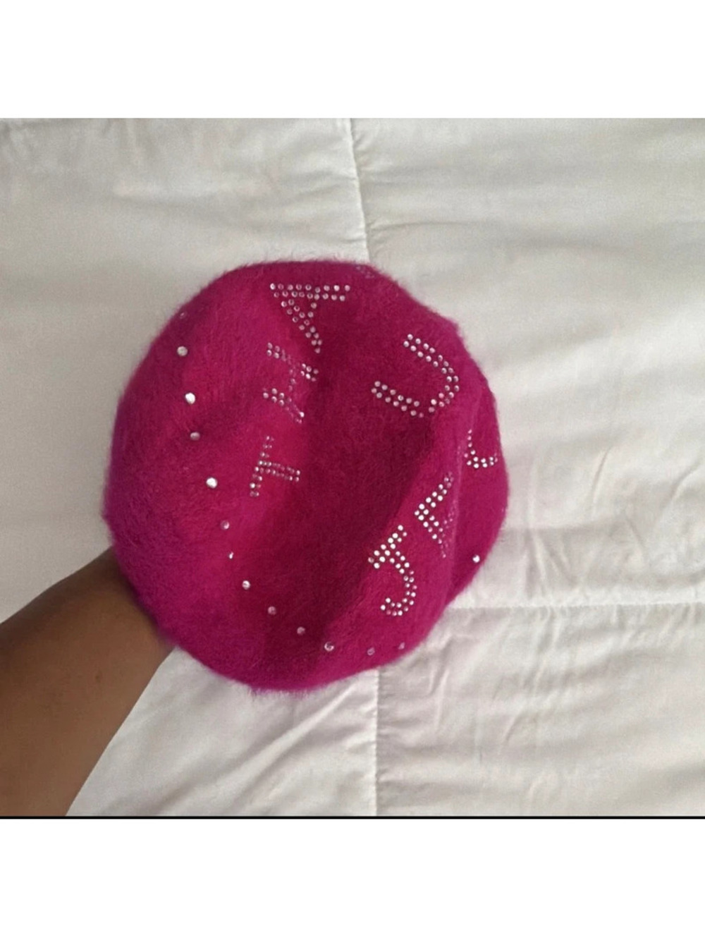 Women's Pink Wool Felt Beret Rhinestone "Thank U Jesus"